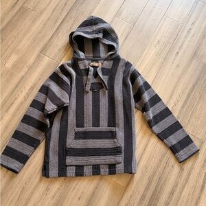 Striped Hooded Baja Pullover in Gray and Black